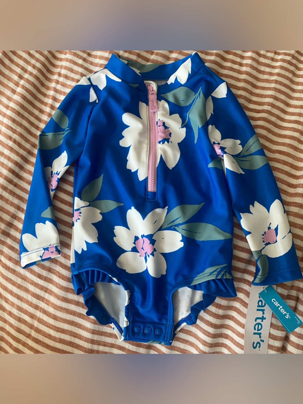 NWT Carter's Blue Floral long sleeve swim suit Pink white button snap zipper 9m